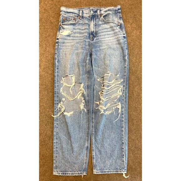 American Eagle Jeans Womens 2 High Rise Baggy Straight Distressed Ripped Denim - Picture 1 of 9